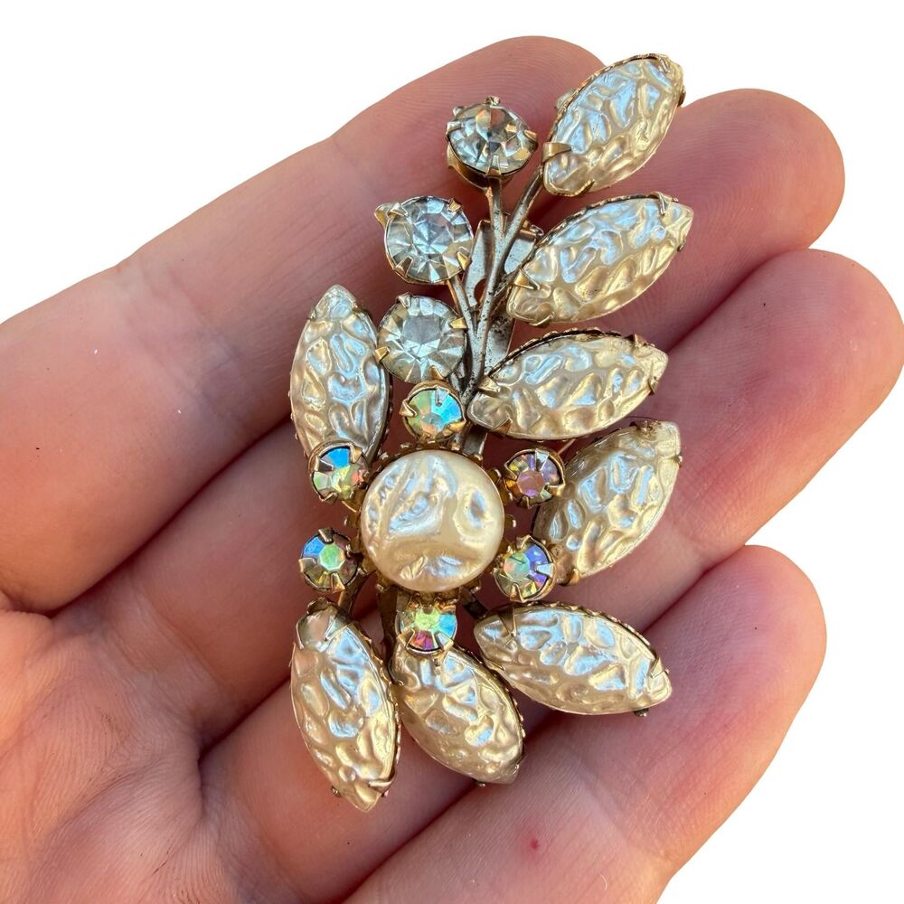 Vintage Flower Spray Brooch AB Rhinestones Pearlized Stones